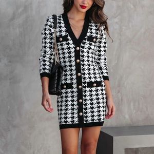 Vici Black and White Houndstooth Long Sleeve Dress
